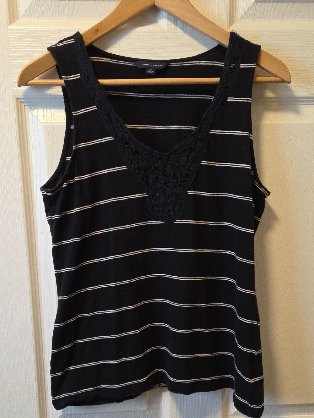 Tommy Hilfiger Black and White Striped Crochet V-Neck Tank